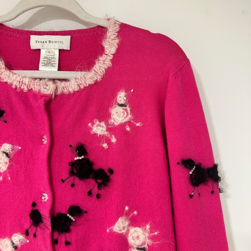 Susan Bristol Poodle Cardigan Womens L Pink Hand Embroidered Beaded Knit Sweater - Picture 2 of 7